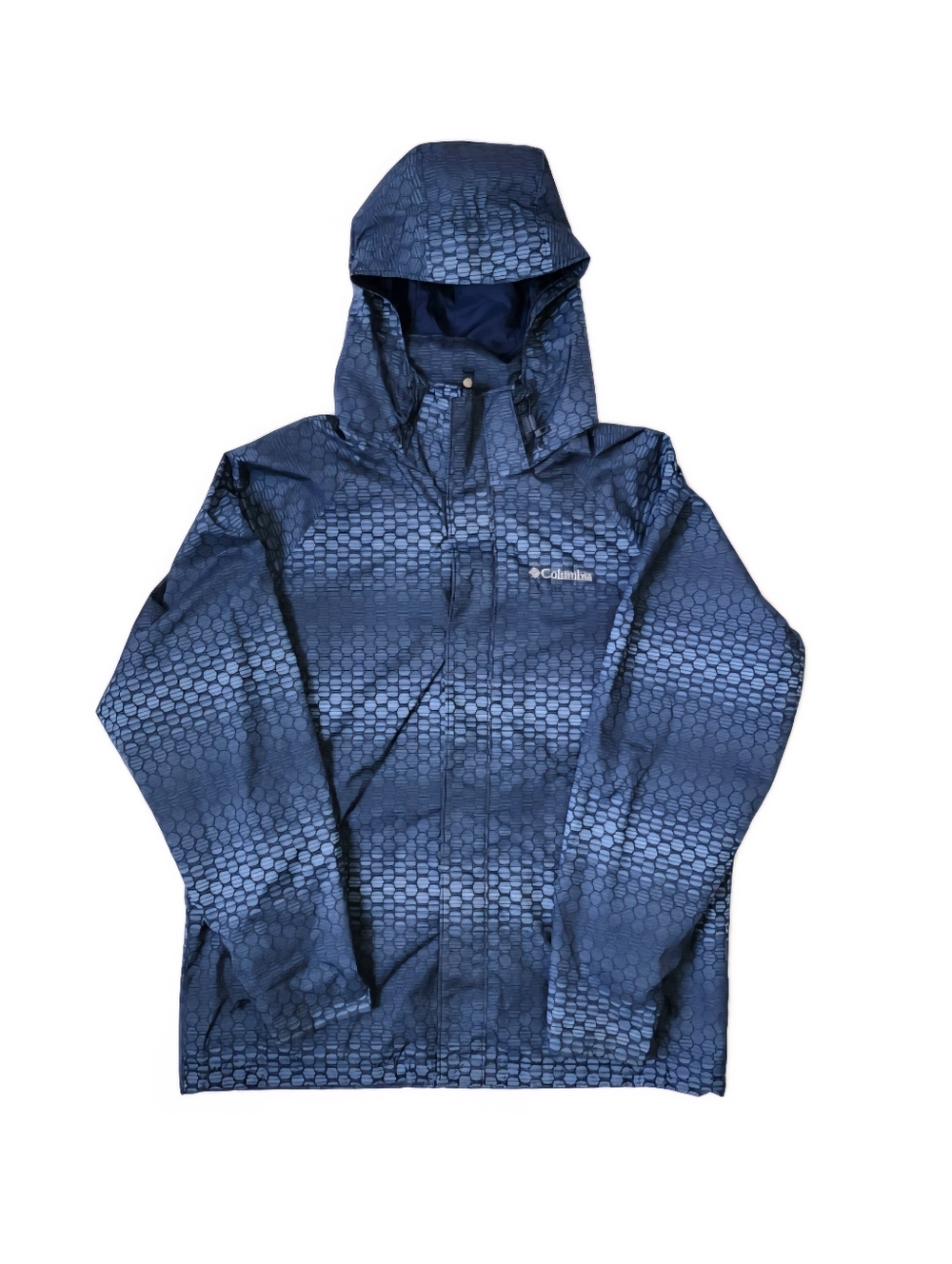 Columbia Interchange Rain Jacket Coat Blue Pattern Hooded Size Large